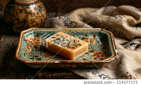 Artisanal Honey Soap in Decorative Ceramic Dish with Rustic Backdrop Artisanal Honey Soap in Decorative Ceramic Dish with Rustic Backdrop 114377173
