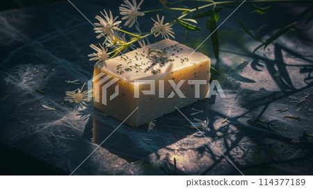 Artisanal Handmade Soap with Natural Herbs and Flowers on Moody Background 114377189