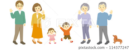 A friendly three-generation family and a small dog waving and rejoicing at a reunion (diagonal side view, full body) A friendly three-generation family and a small dog waving and rejoicing at a reunion (diagonal side view, full body) 114377247