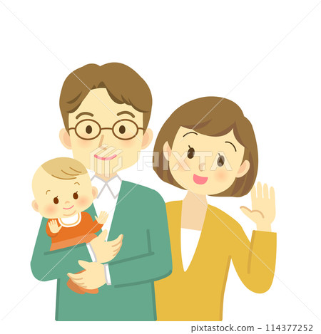 丈夫、妻子和抱著嬰兒的嬰兒的核心家庭(前視圖,半身像) 丈夫、妻子和抱著嬰兒的嬰兒的核心家庭(前視圖,半身像) 114377252