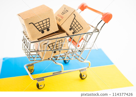 Box with shopping online cart logo and Ukraine flag, Import Export Shopping online or commerce finance delivery service store product shipping, trade, supplier. 114377426
