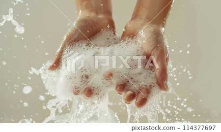 Hydrating Hands. Gentle Soap Suds Splashing Under Fresh Water 114377697