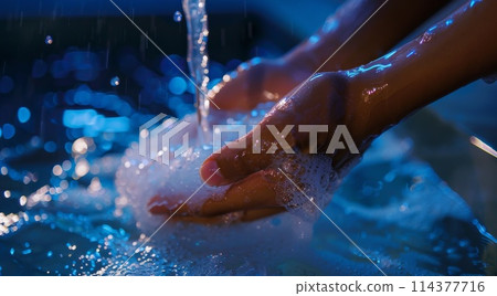 Hygiene Routine. Washing Hands Under Running Water with Soap and Bubbles 114377716