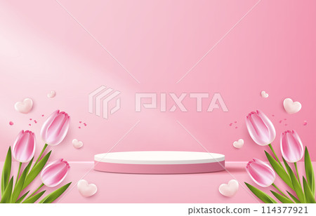 Display podium for Mother's day, Valentine's Day with heart and flower. minimal pink background. product display presentation. studio room concept, minimal wall scene. vector design. 114377921