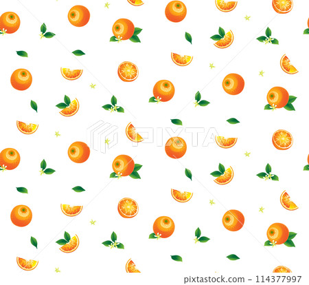 Orange with flowers and leaves seamless background pattern. Vector illustration 114377997