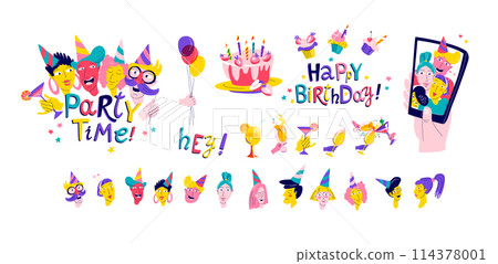 Birthday Party Background set with Fun colorful Characters Birthday Party Background set with Fun colorful Characters 114378001