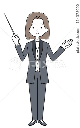 身穿燕尾服的女指揮的前視圖插圖 身穿燕尾服的女指揮的前視圖插圖 114378090