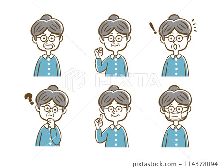 Senior woman facial expression set (line drawing) 114378094