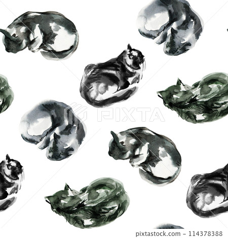 Pattern of cat sketch, animal print stains, beautiful shapes, pastel color palette. Watercolor illustration of sleeping, lying, playing pet. Used in packaging, on fabric, wrapping paper 114378388