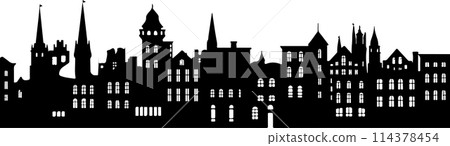 A city skyline with tall buildings and a church. Monochrome isolated vector cityscape A city skyline with tall buildings and a church. Monochrome isolated vector cityscape 114378454