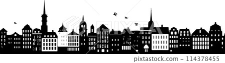 A city skyline with tall buildings and a church. Monochrome isolated vector cityscape A city skyline with tall buildings and a church. Monochrome isolated vector cityscape 114378455