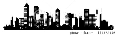 A city skyline with tall buildings and a church. Monochrome isolated vector cityscape A city skyline with tall buildings and a church. Monochrome isolated vector cityscape 114378456