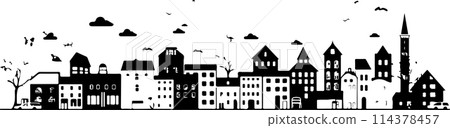 A city skyline with tall buildings and a church. Monochrome isolated vector cityscape A city skyline with tall buildings and a church. Monochrome isolated vector cityscape 114378457