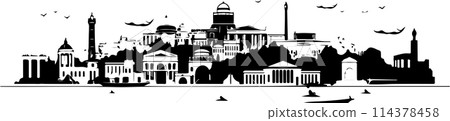 A city skyline with tall buildings and a church. Monochrome isolated vector cityscape A city skyline with tall buildings and a church. Monochrome isolated vector cityscape 114378458