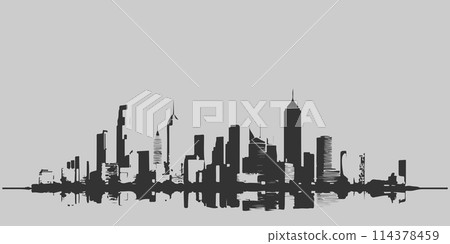 A city skyline with tall buildings and a church. Monochrome isolated vector cityscape A city skyline with tall buildings and a church. Monochrome isolated vector cityscape 114378459
