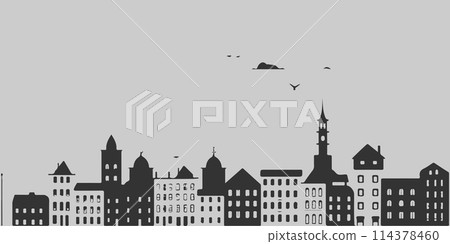 A city skyline with tall buildings and a church. Monochrome isolated vector cityscape A city skyline with tall buildings and a church. Monochrome isolated vector cityscape 114378460