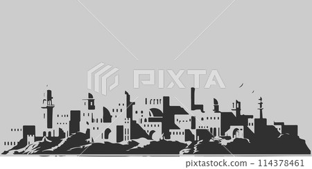 A city skyline with tall buildings and a church. Monochrome isolated vector cityscape A city skyline with tall buildings and a church. Monochrome isolated vector cityscape 114378461