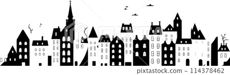 A city skyline with tall buildings and a church. Monochrome isolated vector cityscape A city skyline with tall buildings and a church. Monochrome isolated vector cityscape 114378462