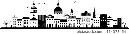 A city skyline with tall buildings and a church. Monochrome isolated vector cityscape A city skyline with tall buildings and a church. Monochrome isolated vector cityscape 114378464