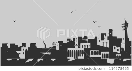 A city skyline with tall buildings and a church. Monochrome isolated vector cityscape A city skyline with tall buildings and a church. Monochrome isolated vector cityscape 114378465