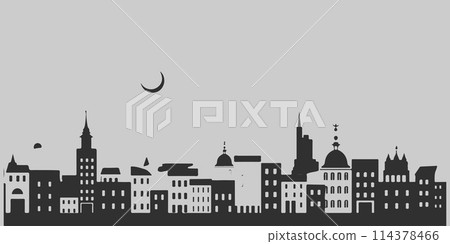 A city skyline with tall buildings and a church. Monochrome isolated vector cityscape 114378466