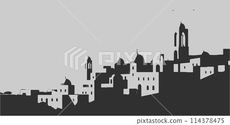 A city skyline with tall buildings and a church. Monochrome isolated vector cityscape A city skyline with tall buildings and a church. Monochrome isolated vector cityscape 114378475