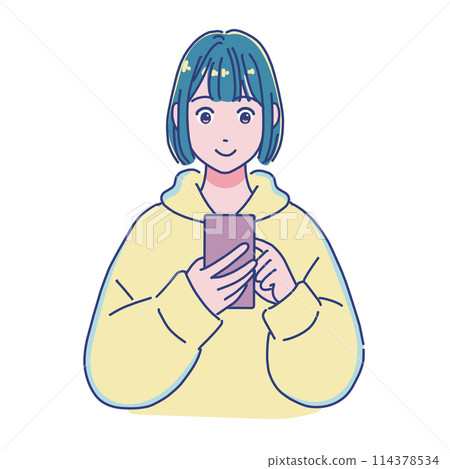 Anime-style girl using smartphone, smiling Anime-style girl using smartphone, smiling 114378534