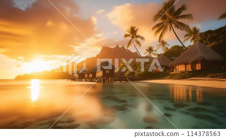 Sunset clouds and water cottages Sunset clouds and water cottages 114378563