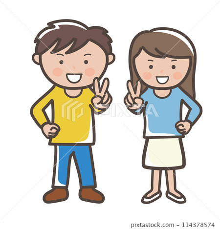 Full-body illustration of a young man and woman making a peace sign 114378574