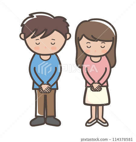 Full-body illustration of a young man and woman bowing their heads and apologizing 114378581