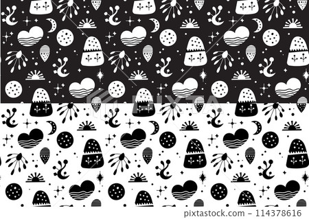 Seamless neo folk art vector pattern with mountains, moon and flowers, black and white floral design. Neo folk style endless background perfect for textile design. Seamless neo folk art vector pattern with mountains, moon and flowers, black and white floral design. Neo folk style endless background perfect for textile design. 114378616