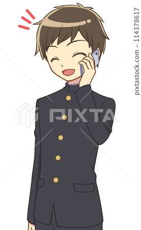 一個穿著校服的男孩微笑著用智慧型手機說話 一個穿著校服的男孩微笑著用智慧型手機說話 114378617