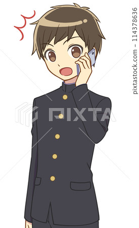 A boy in a school uniform is surprised while talking on a smartphone 114378636