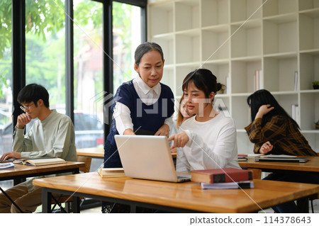 Mature lecturer assisting college student with laptop in classroom. Education concept 114378643