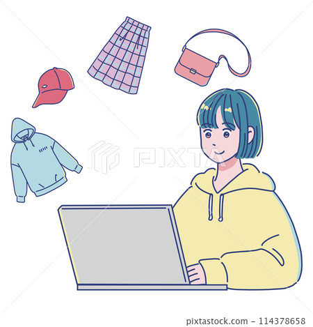A girl buying and selling clothes on a computer 114378658