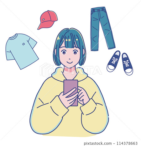 A girl buying and selling clothes with her smartphone A girl buying and selling clothes with her smartphone 114378663