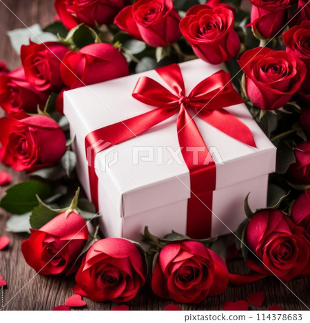 A white gift box with a red bow is framed by red roses and bokeh. Happy Valentine's Day,  114378683