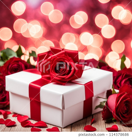 A white gift box with a red bow is framed by red roses and bokeh. Happy Valentine's Day,  114378686
