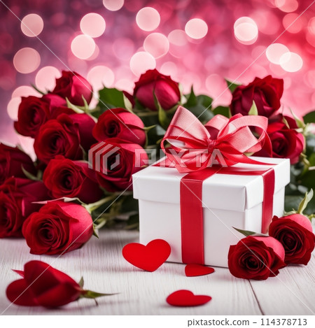 A white gift box with a red bow is framed by red roses and bokeh. Happy Valentine's Day,  114378713