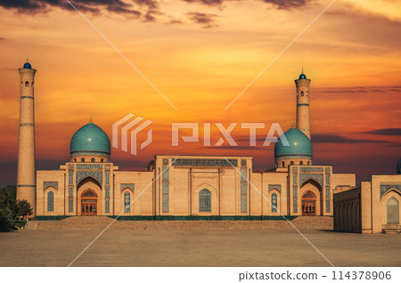 ancient religious Muslim mosque Hazrati Imam part of architectural complex Khast Imam on square in Tashkent at sunset in summer ancient religious Muslim mosque Hazrati Imam part of architectural complex Khast Imam on square in Tashkent at sunset in summer 114378906