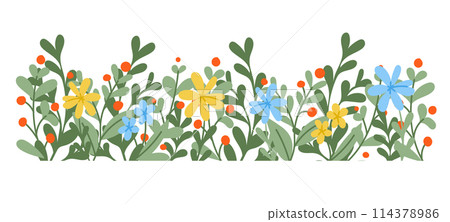 Abstract stylized floral border or horizontal banner. Hand drawn flat abstract flowers and branches. Botanical natural background isolated on white background. 114378986