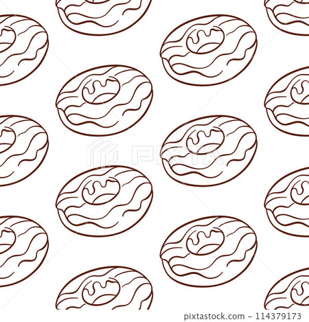 Donut seamless pattern with vanilla icing in line art style. Doughnut simple hand drawn wallpaper for bakery and restaurant menu. Vector illustration on a white background. Donut seamless pattern with vanilla icing in line art style. Doughnut simple hand drawn wallpaper for bakery and restaurant menu. Vector illustration on a white background. 114379173