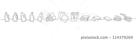 Set of cleaning tools one line. Toilet cleaners, towels, rags, gloves, sponges, washcloths, brushes continuous one line illustration. Set of cleaning tools one line. Toilet cleaners, towels, rags, gloves, sponges, washcloths, brushes continuous one line illustration. 114379269