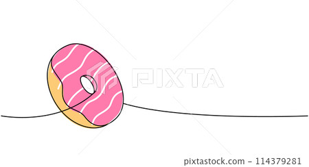 Doughnut one line colored continuous drawing. Bakery sweet pastry food. Vector linear illustration. 114379281