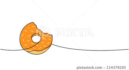Bitten donut one line colored continuous drawing. Bakery sweet pastry food. Vector linear illustration. Bitten donut one line colored continuous drawing. Bakery sweet pastry food. Vector linear illustration. 114379285