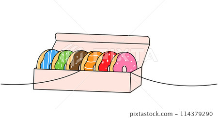 Glazed donuts in carton box one line colored continuous drawing. Bakery sweet pastry food. Vector linear illustration. 114379290