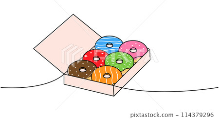 Take away donuts one line colored continuous drawing. Bakery sweet pastry food. Vector linear illustration. Take away donuts one line colored continuous drawing. Bakery sweet pastry food. Vector linear illustration. 114379296