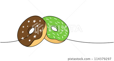Doughnuts one line colored continuous drawing. Bakery sweet pastry food. Vector linear illustration. 114379297