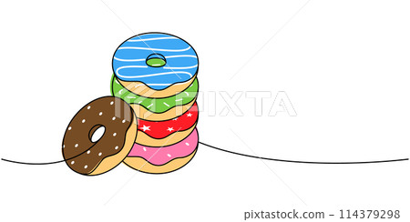 Delicious doughnuts one line colored continuous drawing. Bakery sweet pastry food. Vector linear illustration. 114379298