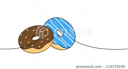 Take away donuts one line colored continuous drawing. Bakery sweet pastry food. Vector linear illustration. Take away donuts one line colored continuous drawing. Bakery sweet pastry food. Vector linear illustration. 114379299